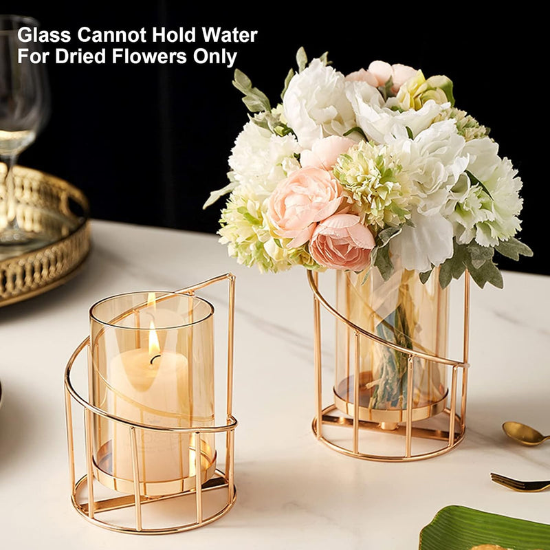 MrMrKura Metal Wire Candle Holder Set of 2, Glass Pillar Candle Holders Gold Decorative Tea Light Candleholders for Home Decor Table Decorations Centerpiece (Spiral)