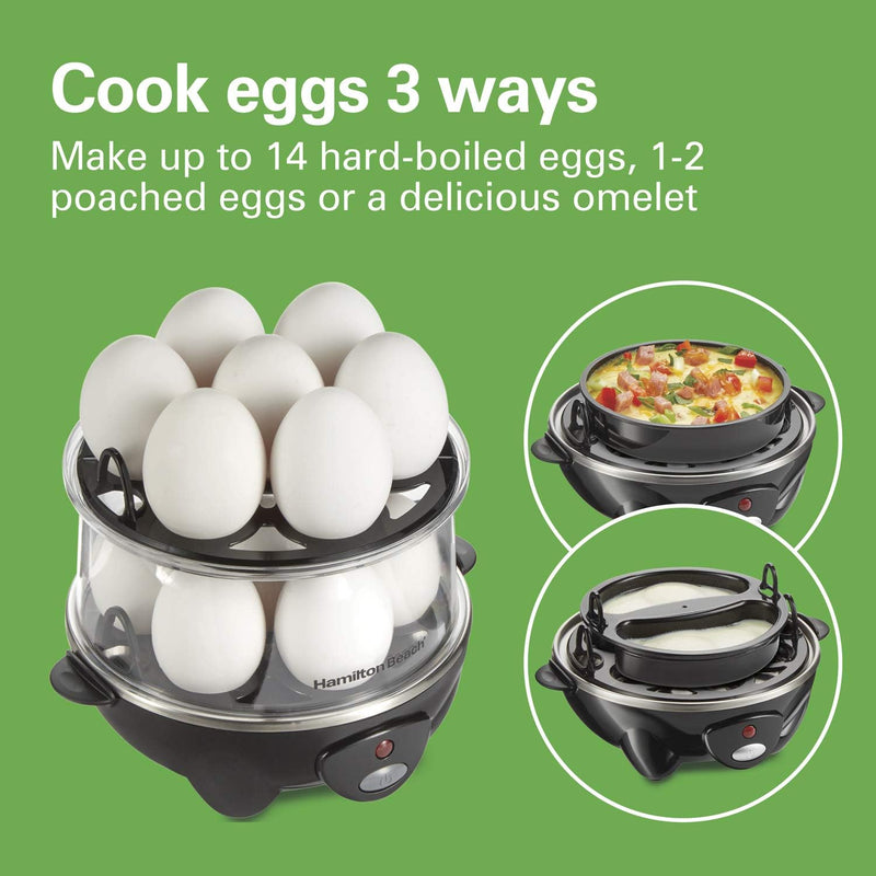 Hamilton Beach 3-in-1 Electric Hard Boiled Egg Cooker, Poacher & Omelet Maker, Holds 14, Black (25508)