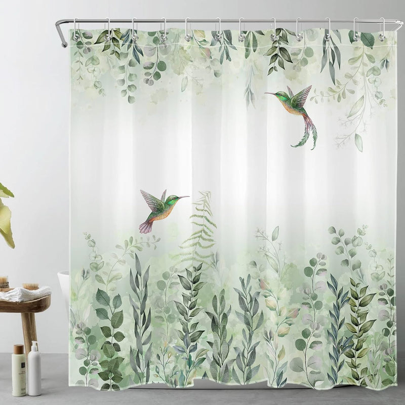 EOBTAIN Sage Green Leaves Shower Curtain Eucalyptus Hummingbird Bird Shower Curtains White Green Leaf Botanical Plant Floral Cottagecore Aesthetic Bathroom Curtain 12 Hooks Durable Fabric 72X72Inches