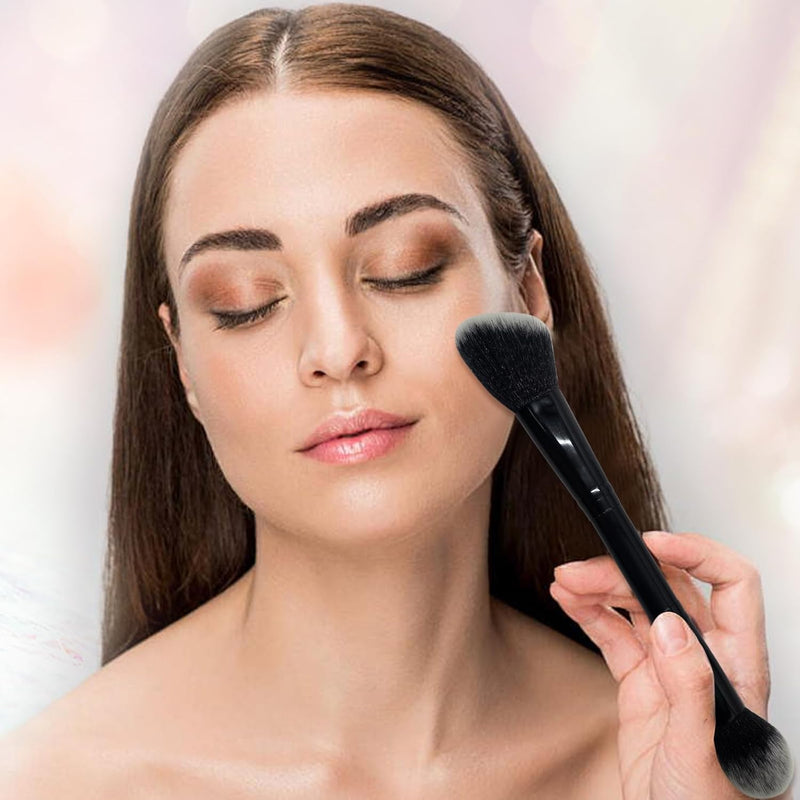 YJUFoar Dual-Ended Vegan Foundation Brush - Angled & Round Professional Synthetic Highlighter & Concealer Makeup Brush for Flawless Blending and Application of Blush, Powder