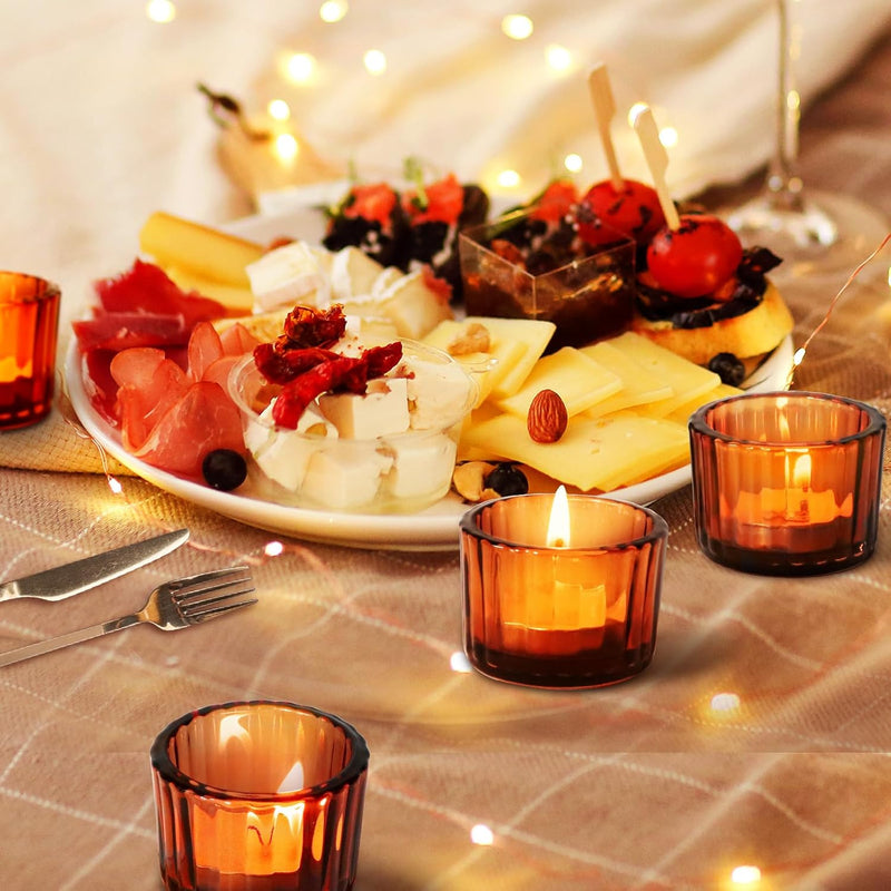 SKYLINK 12 Pack Amber Glass Votive Candle Holders, Thick Ribbed Glass Tealight Holders for Weddings, Home Décor, Parties, Spa, Table Centerpieces