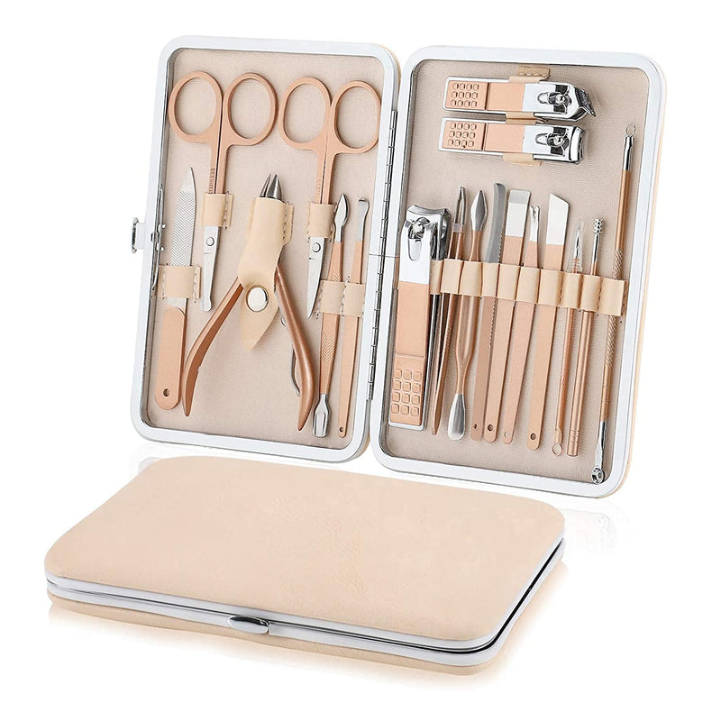ORiTi Manicure Set Nail Clippers Pedicure Kit, Professional Rose Gold Stainless Steel Personal Grooming Kit, 18 in 1 Nail Care Tools with Luxurious Leather Travel Case (ROSE 18 PC SET)