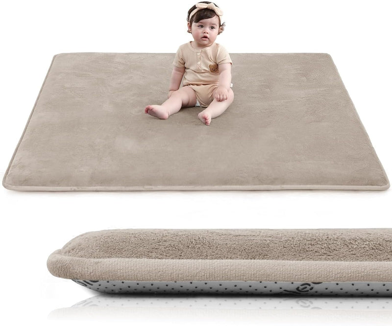 YOUWE7 Baby Play Mat for Floor,2CM Thick Elasti-Foam Playpen Mat for Tummy Time,Water Repellent Soft Coral Velvet for Toddler,Infant,Kids,Non-Slip Backing Safe for Crawling (Beige 100CM*150CM)
