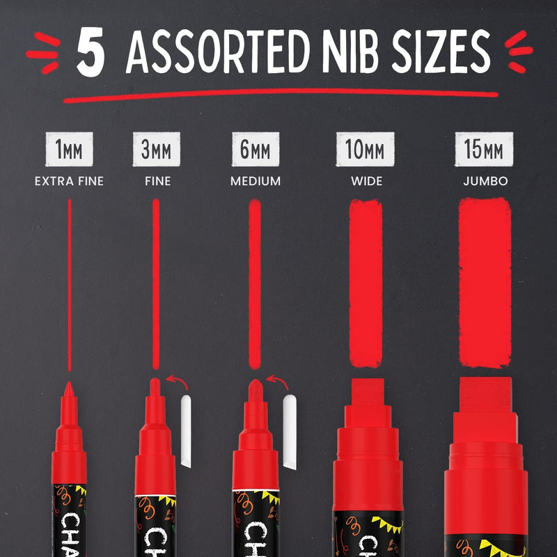 Chalkola 5 White Chalk Markers for Chalkboard Signs, Blackboard, Car Window, Bistro, Glass | 5 Variety Pack - Thin, Fine Tip, Bold & Jumbo Size Erasable Liquid Chalk Pens (1mm, 3mm, 6mm, 10mm, 15mm)