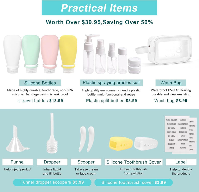 Noideeer 18 Pack Travel Bottle Set, 3oz Silicone Travel Containers, TSA Approved, BPA Free, with a Special Leak-Proof Design. Refillable Liquid Travel Size Toiletries Ideal.