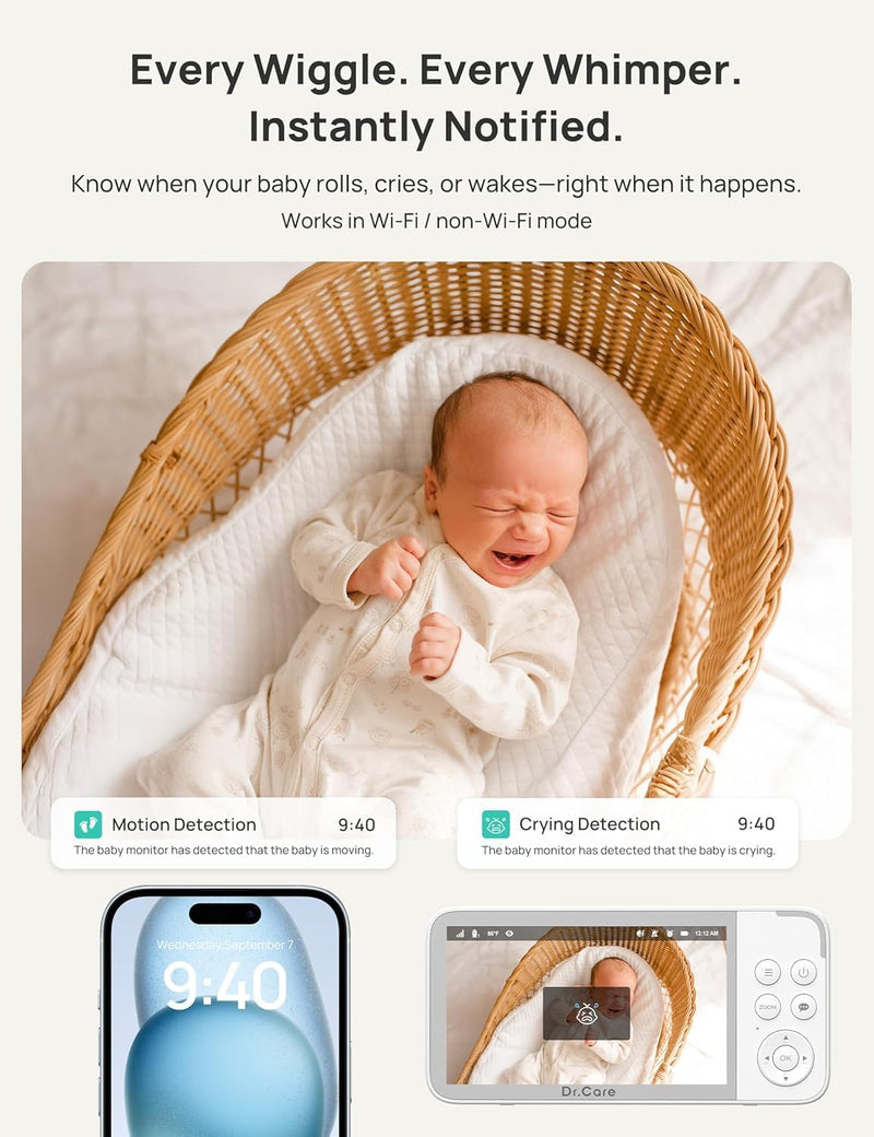 Dr.Care VistaView Smart WLAN Baby Monitor with Camera, 5 Inch 1080P HD, 2K Camera, App Control, Motion & Crying Alarm, Night Vision, 5000 mAh, Two-Way Audio, 390 m Range