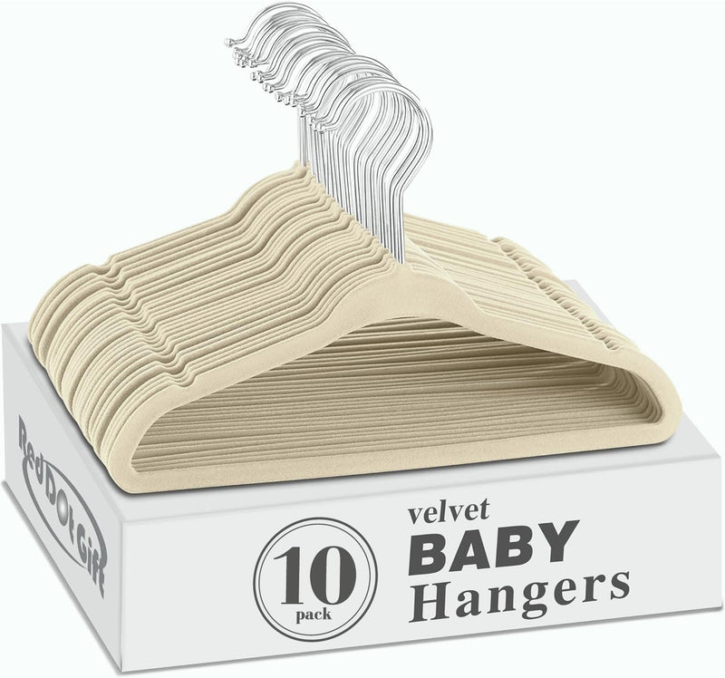 Red Dot Gift® 10-Pack Baby Velvet Hangers - Nursery Clothes Hangers Non Slip Toddler Hangers, 360 Chrome Swivel Hook (White, 28 cm)