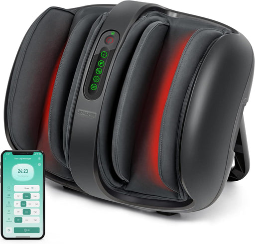 Foot Massager with Heat, Shiatsu Foot and Calf Massager with Heat, Remote Control, Deep Kneading, Vibration, Compression Leg Massager for Home and Office Use (Black with App Control) - Black