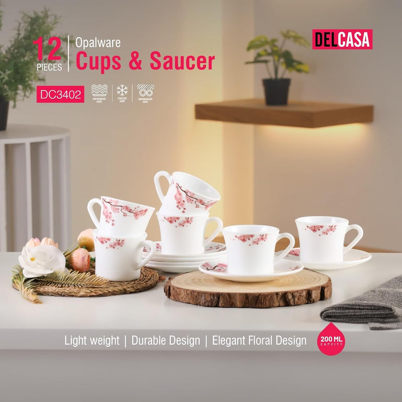 Delcasa DC3402 Opalware Cup and Saucer Set 12-Pieces