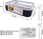 Bento Lunch Box -Leakproof, BPA-Free, Airtight Tiffin with Spoon & Fork- 5 Compartments, 1100ml, Microwave Safe Bento Box For Kids & Adults - Ideal for School & Office (Blue)