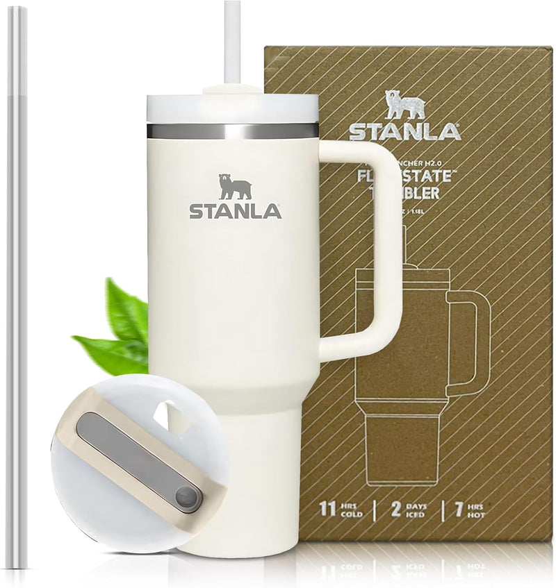 STANLA 40 oz Tumbler with Lid and Straw | Travel Mug for Iced Tea & Coffee | 100% Leakproof, Stainless Steel Insulated Tumbler for School,Office & Gym | Cup Holder Friendly Base (Cream)