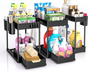 SKY-TOUCH 3pcs Storage Racks Pull-Type Double-Layer Kitchen Storage Rack,Under Sink Organizer,Double Sliding Under Bathroom Cabinet Organization, Kitchen Storage with Hooks,15.6 8.6 13.2cm,Black - 3pcs Pull out rack 3pcsPull out racks