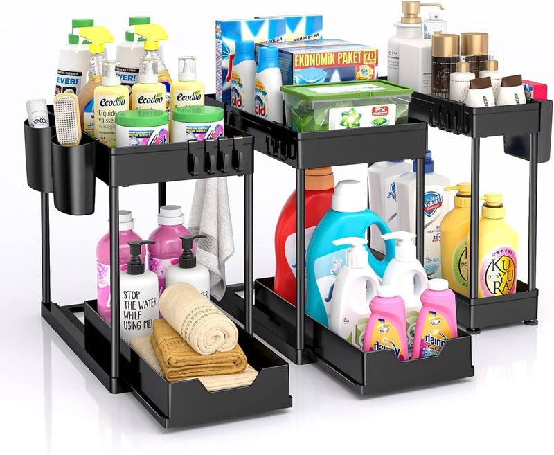 SKY-TOUCH 3pcs Storage Racks Pull-Type Double-Layer Kitchen Storage Rack,Under Sink Organizer,Double Sliding Under Bathroom Cabinet Organization, Kitchen Storage with Hooks,15.6 8.6 13.2cm,Black - 3pcs Pull out rack 3pcsPull out racks