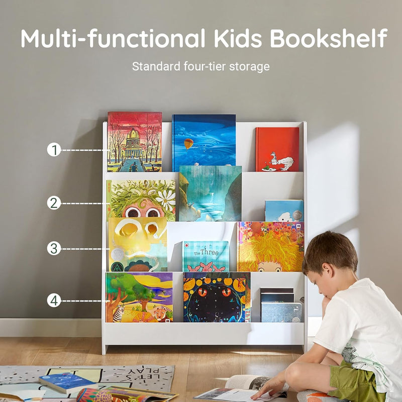 Book Shelf Kids Children's Bookshelf Corner Storage Bookcase Rack with 4 Shelves and 1 Open Compartment Toddler Book Stand Toy Organizer for Kids Room,Playroom, Bedroom,ارففKMB32-W - White-standard