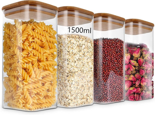 SKY-TOUCH Glass Food Storage Jars Containers set 1.5L,with Airtight Bamboo lids Set of 4,for Spices Noodles Flour Cereal Rice Sugar Tea Coffee Beans, Square (4 Pack, 1500ml)
