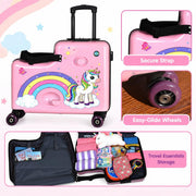 Kids Ride On Suitcase for Girls, Pink Unicorn Toddler Travel Luggage, Carry On Friendly Rideable Trolley Case with Seat, Pull Strap and Wheels, for Ages 2-6, Up to 80 lb