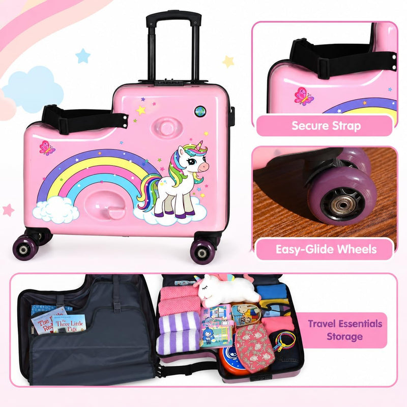 Kids Ride On Suitcase for Girls, Pink Unicorn Toddler Travel Luggage, Carry On Friendly Rideable Trolley Case with Seat, Pull Strap and Wheels, for Ages 2-6, Up to 80 lb