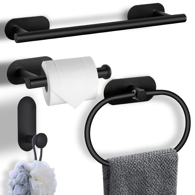 ZERIFAM Bathroom Towel Holder - 4-Pieces Towel Rack Bathroomï¼ŒBathroom Hardware Set No Need To Drill Holes,Includes Toilet Paper Holder, Clothes Hook, And Two Towel Racks (BLACK)