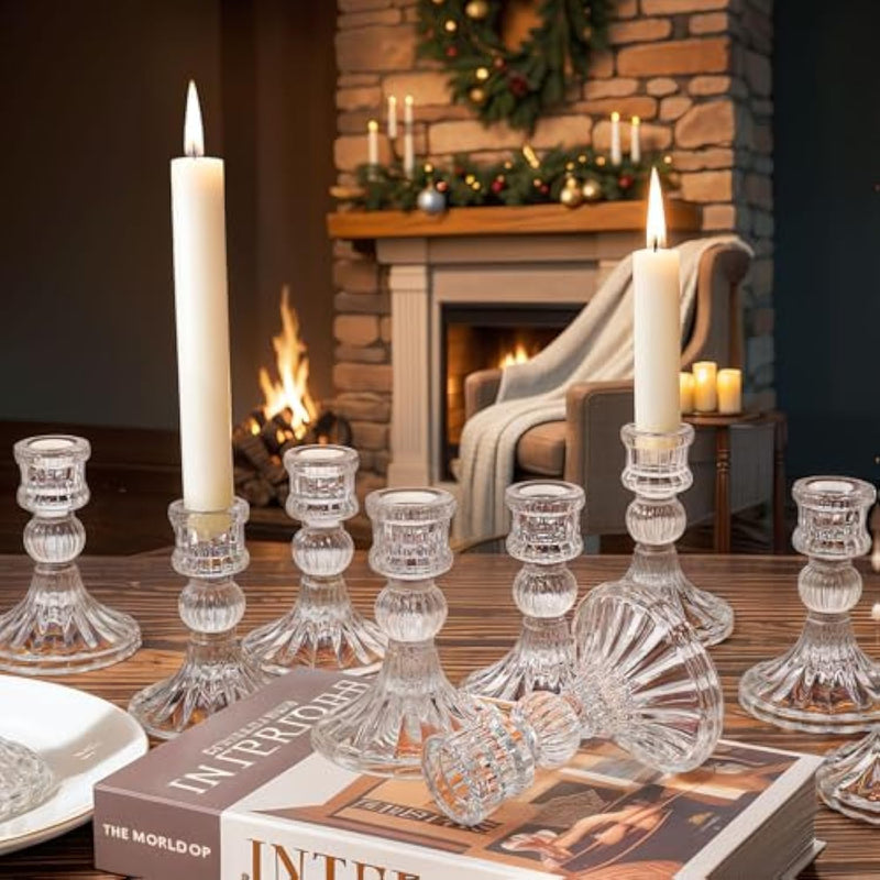 THE WHITE SHOP 6PCS Glass Candle Holder, Clear Candlestick Holder & Taper Candle Holder for Wedding Party Table, Spring Decor, Anniversary, Dining Room Table, Valentine's Day, (Clear)-A-6Pcs