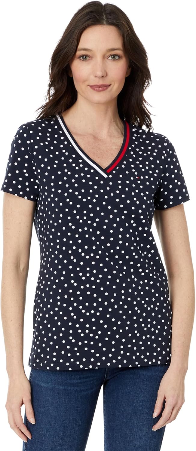 womens Tommy Hifliger Women's V-neck Flag Tee T-Shirt - Sky Captain/Bright White