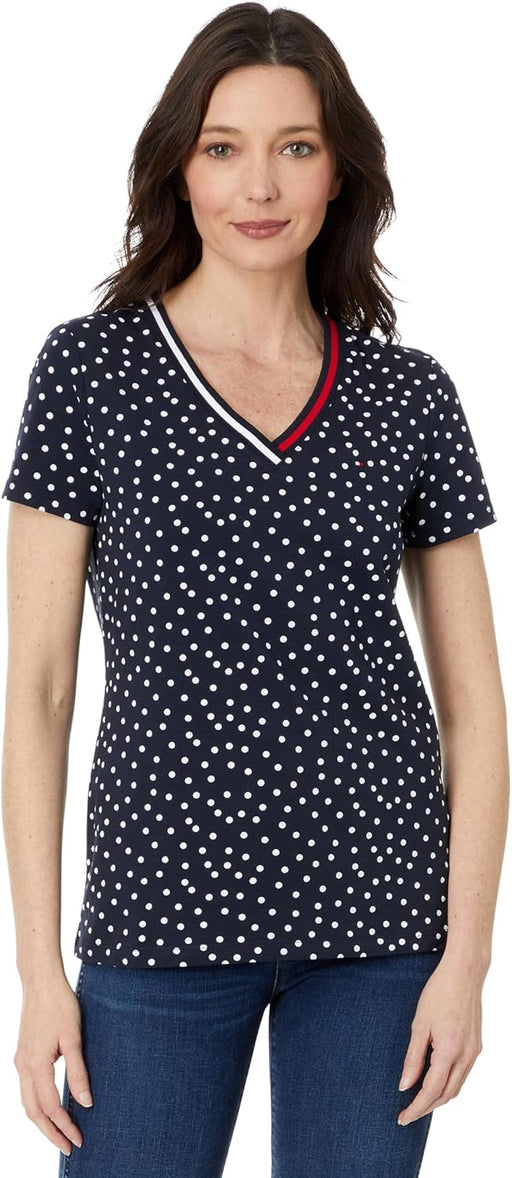 womens Tommy Hifliger Women's V-neck Flag Tee T-Shirt - Sky Captain/Bright White