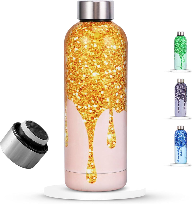 Water Bottle Stainless Steel, Drinking Thermos Double Wall Insulated Water Bottles for Hot and Cold Water Kids School Hydro Flask Water Bottle for Gym Office Water Bottle (BEIGE 750ML) - SPARKLE ORANGE 500ML