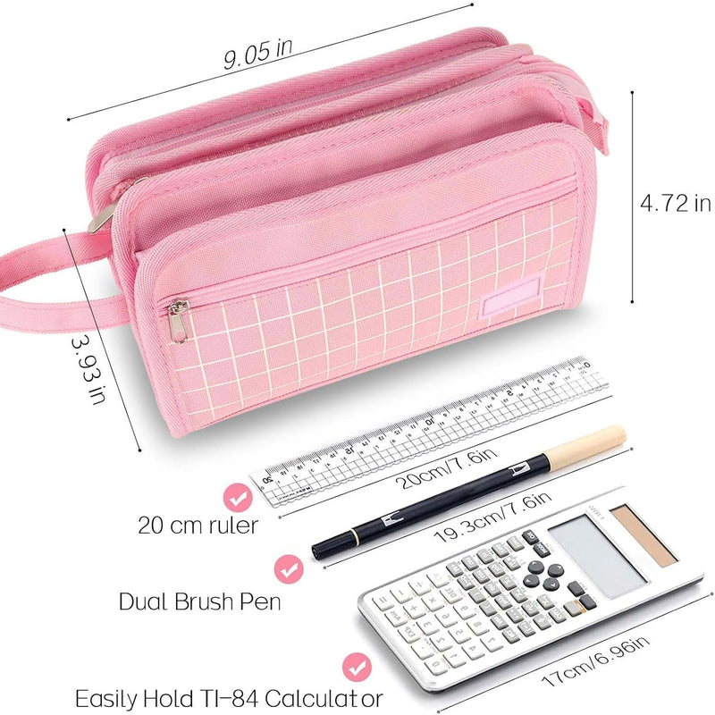 Large Pencil Case, Big Capacity Pencil Pouch Pen Bag with 3 Compartment, Portable Canvas Stationery Organizer with Zipper, Cute Aesthetic School Supplies for Teen Girls College (Pink)