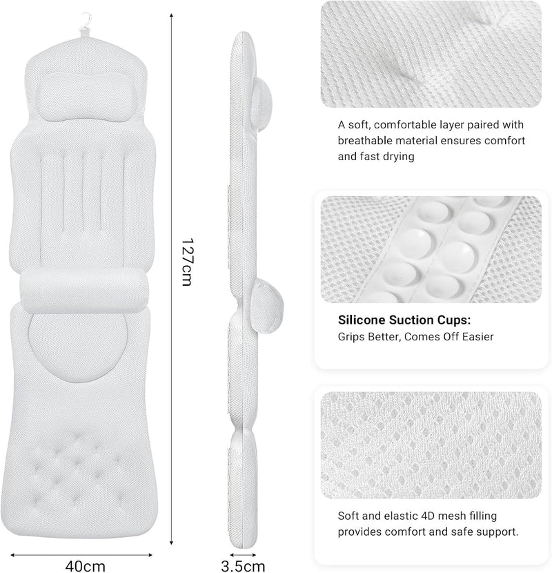 Ergonomic Full Body Bath Pillow for Bathtub, Luxury Tub Pillow for Bath for Headrest Neck and Back Support,130CM White long body pillow with Mesh Washing Bag and Non-Slip Suction Cups.(White) - WHITE