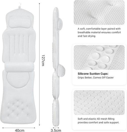 Ergonomic Full Body Bath Pillow for Bathtub, Luxury Tub Pillow for Bath for Headrest Neck and Back Support,130CM White long body pillow with Mesh Washing Bag and Non-Slip Suction Cups.(White) - WHITE