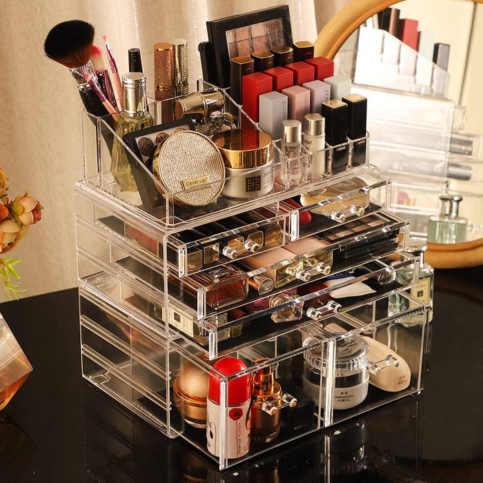 Large Clear Makeup Organizer Skin Care Cosmetic Display Cases Stackable Storage Box With 9 Drawers,Set of 4 By Cq acrylic
