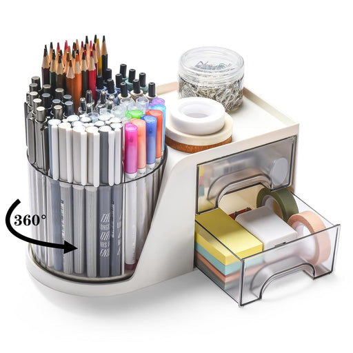 Sagreeny Rotating Desk Organizer with 2 Drawer, Pencil Pen Holder for Desk, Desk Organizers and Accessories with 4 Compartments + Drawer for Office Home Art Supplies White