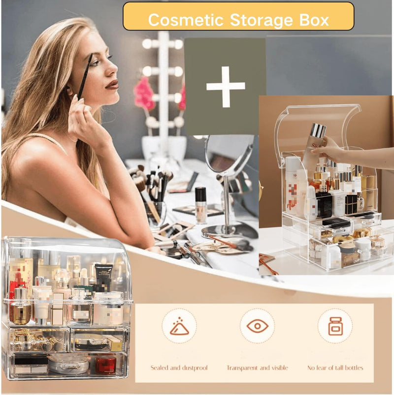 Kailecd Cosmetics Storage Box, Large Clear Makeup Organizer with Waterproof Dustproof Lid, Perfume Makeup Organizer with Spacious Drawers for Countertop, Bathroom, Dresser