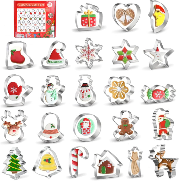 NESLIN 24Pcs Christmas Cookie Cutter, Xmas Biscuit Cutter Mold DIY Stainless Steel Cookie Cutter Large with Gingerbread Man, Tree, Angel & More Baking Molds Cake Pastry Cutter Holiday Party Supplies