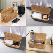 Cable Management Box, Handmade Rattan Cable Organizer, 2 Open Slots Cords Hider Box, Under Desk Cord Organizer for Computer Router Power Strip