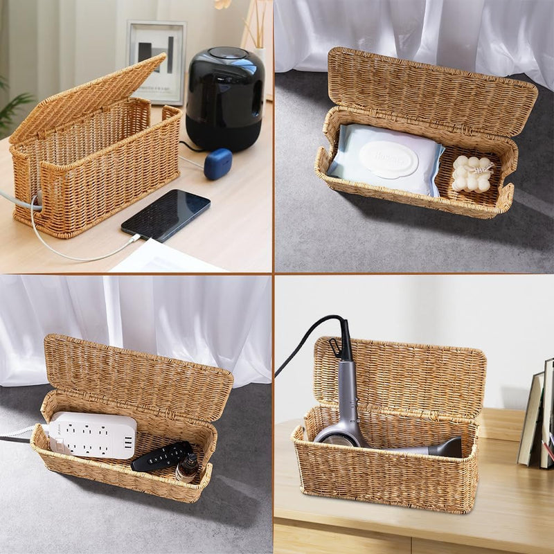 Cable Management Box, Handmade Rattan Cable Organizer, 2 Open Slots Cords Hider Box, Under Desk Cord Organizer for Computer Router Power Strip