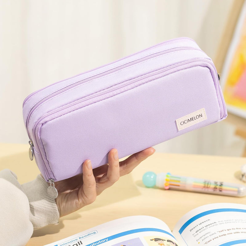 Pencil Case for Girls, Large Capacity Pencil Pouch 3 Compartment Pouch Pen Bag for School Teen Girl Boy Men Women (Purple)