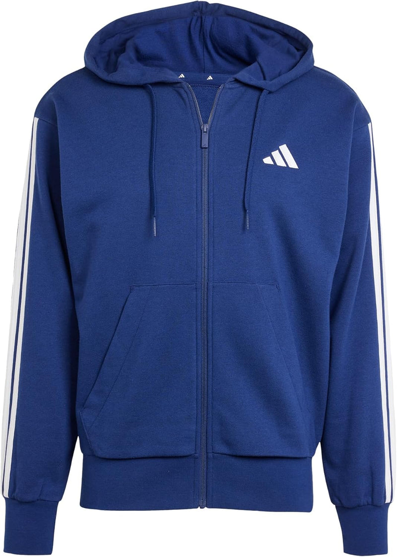 Men's Essential Three Stripes French Terry Fullzip Hoodie Hooded Sweatshirt (pack of 1) - DKBLUE/WHITE