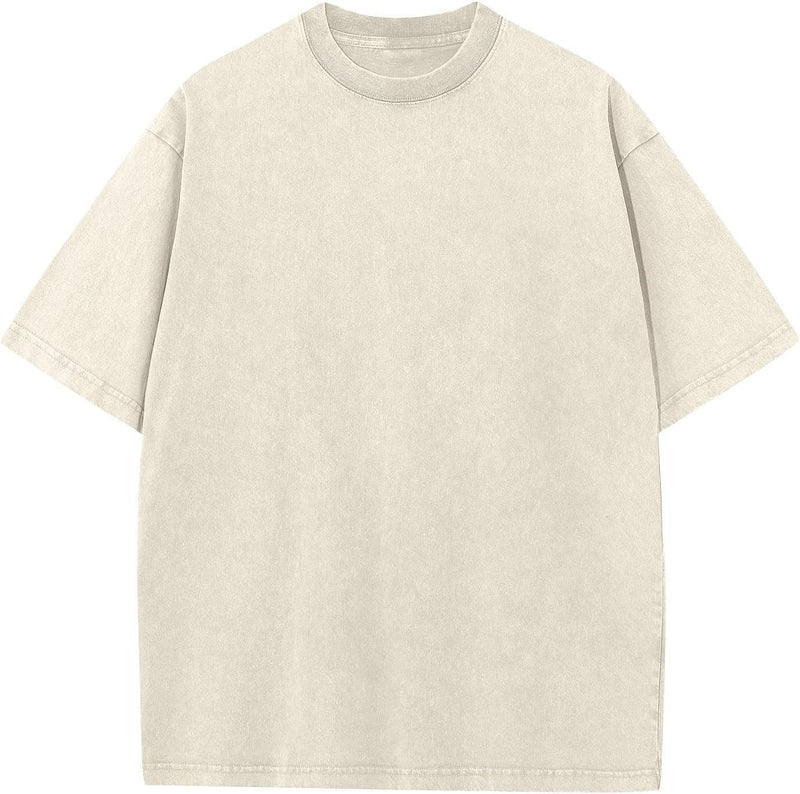 Mens Cotton T-Shirt, Oversized, Unisex, Short-Sleeved, Casual, Loose Fit, Washed, Solid Color - Beige