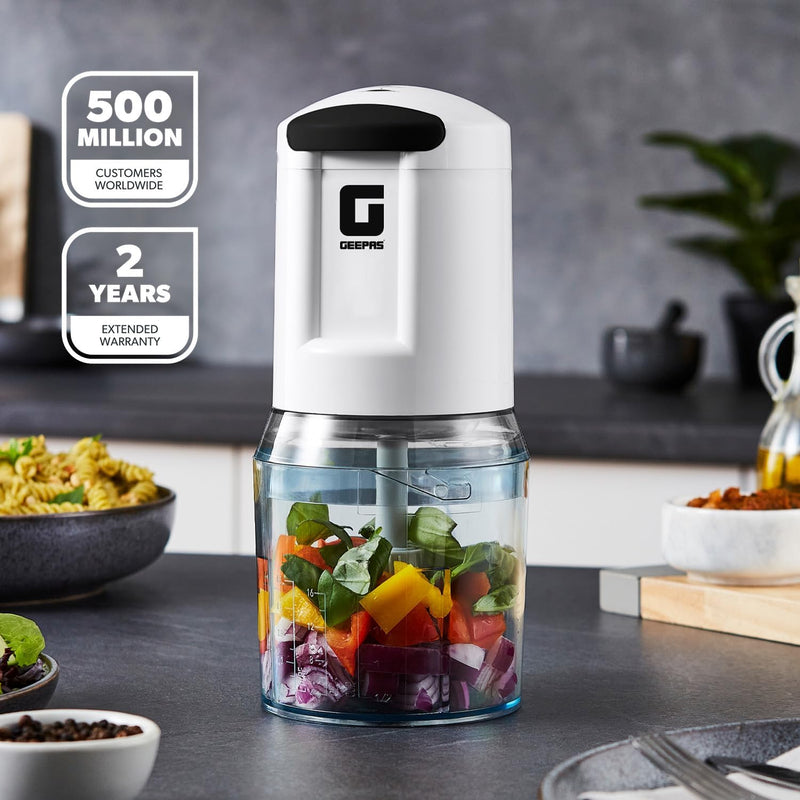 Geepas Mini Food Processor, 500W, 500ml, 4 Blades, 2 Levels, Stainless Steel for Blending and Chopping Salads, Sauces, Curries, Pesto, 2 Years Warranty, Model GC5477, Clear