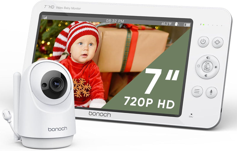 bonoch 7 Inch Baby Monitor with Camera, 720P HD 6000 mAh Battery Video Baby Phone, Night Vision, Double-Sided Audio Function, Remote PTZ, VOX Mode, Temperature Sensor, 8 Lullabies