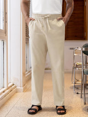 Mens Linen Pants Drawstring Casual Pants Lightweight Stretch Beach Pants Baggy Dress Trousers - Beige