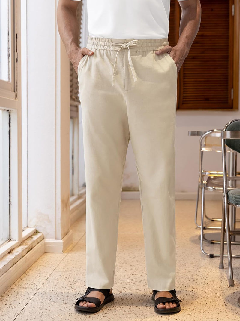 Mens Linen Pants Drawstring Casual Pants Lightweight Stretch Beach Pants Baggy Dress Trousers - Beige