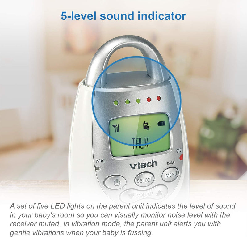 VTech DM221 Audio Baby Monitor with up to 1,000 ft of Range, Vibrating Sound-Alert, Talk Back Intercom & Night Light Loop, White/Silver