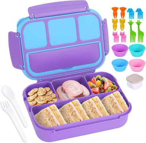 Bento Box Adult Lunch Box, Containers for Adults Men Women with 4 Compartments, Lunchable Food Container with Utensils, Sauce Jar, Muffin Liners, 40 Oz/5 Cup, Microwave & Dishwasher Safe, Brown - Purple Moyen Ã  Grand