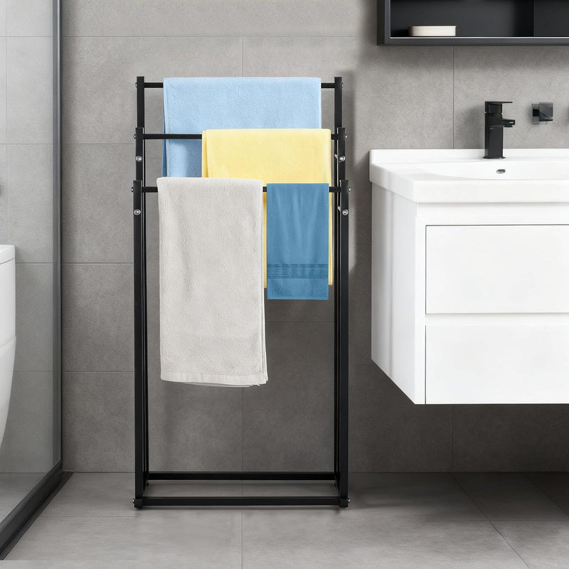 SKY-TOUCH 3 Tiers Metal Towel Rack Freestanding Drying Storage Display Rack for Bathroom Tub Shower Poolside- Bottom 44x21.5CM Height 66/76/86CM (86 44 21cm) Black
