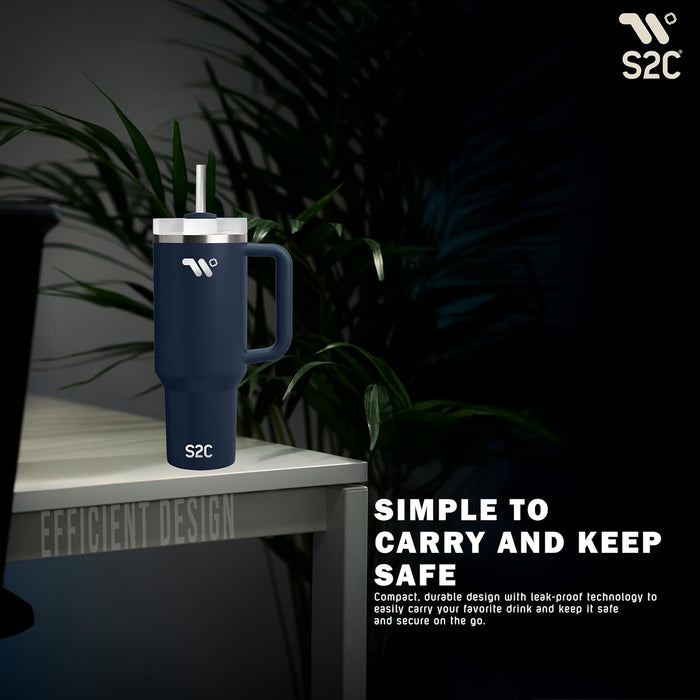 S2C 40oz Stainless Steel Tumbler with Handle & Straw – Double Wall Vacuum Insulated Mug – Leakproof, BPA-Free, Keeps Drinks Hot & Cold – Ideal for Office, Gym, Travel – Fits Car Cup Holder–(Blue)