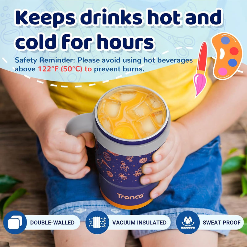 Tronco 14oz Insulated Stainless Steel Kids Travel Cup - BPA-Free Toddler Tumbler with Splash-Proof Flexible Straw, Ergonomic Handle & Splash Guard Lid for Car/Outdoor Use, Easy to Clean