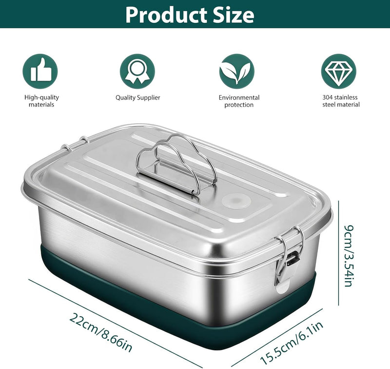 Stainless Steel Lunch Box 2L - Leakproof 2 Layers Bento Box with 3 Compartments, Portable Metal Lunchbox for Adults & Kids, Durable, Eco-Friendly, BPA-Free Food Container for School, Work, Picnic