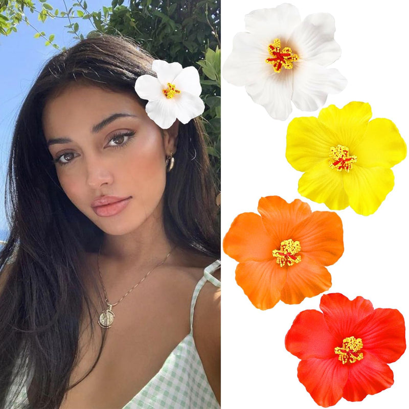 4Pcs Hawaiian Flower Hair Clips for Women,Plumeria Hibiscus Hair Clips Rose Hair Barrettes 3.5 Inch Artificial Flower Clips,Hair Accessories for Vacation Beach Party, Boho Clips for Girls Wedding