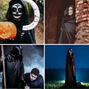 Halloween Costumes Halloween Cloak Cape Grim Reaper Costumes, Black satin Hooded Cape for Men Women